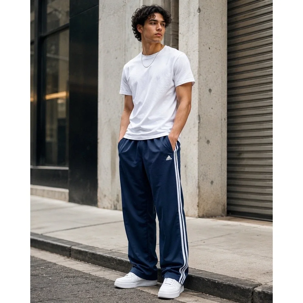 Adidas Men's M Navy Blue 3 Stripe Track Pants Wide Leg Athletic Y2K Style